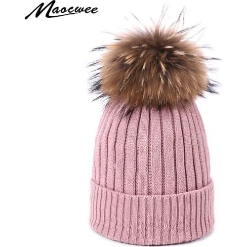 New Winter Beanie Hat For Women With Natural Real Fur Pom Pom Knitted Skullies Beanie With Pompom Ski Outdoor Keep Warm Caps