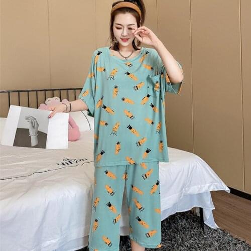 2021 New Spring Summer Sleepwear Women Casual Print Pajamas Set Short Sleeve Cropped Pant 2 Piece Home Clothes Loose Pijama 4XL