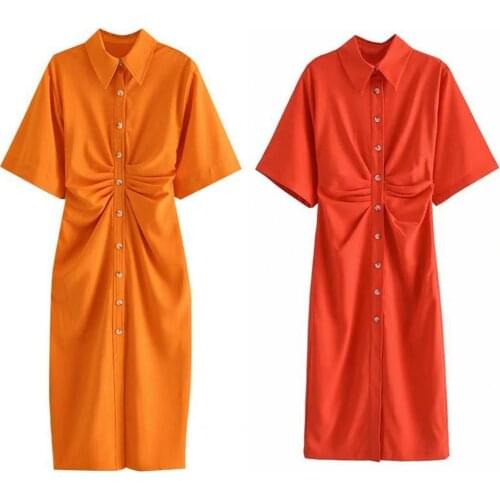Summer Dress Stylish Midi Dress Button-up Turn-down Collar Cloth Short Sleeve Summer Dress Irregular Hem Dress Shirt Dress