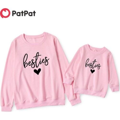 PatPat Love Print Pink Sweatshirts for Mom and Me Mommy and Me Bestie Letter Round collar Letter Pink long sleeve Matching Tops