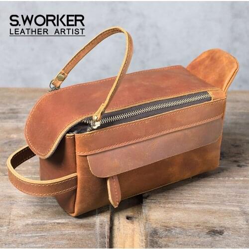 S.WORKER Genuine Leather Clutch Womens Cosmetic Bag Crazy Horse Leather Wash Bag Travel Toiletry Pouch Mens Fashion Handbag