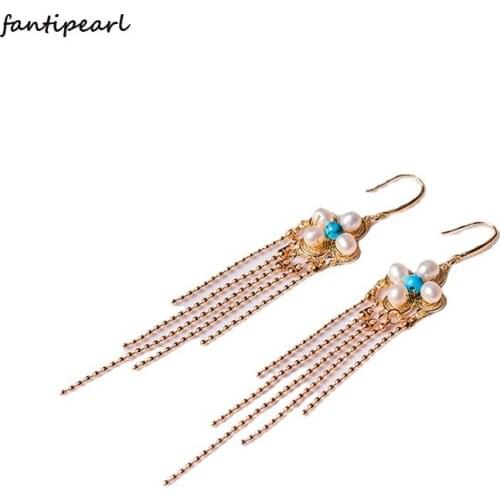 Natural freshwater pearl earrings retro palace style light luxury personality 14k gold wrap wire tassel ear hook s925 silver