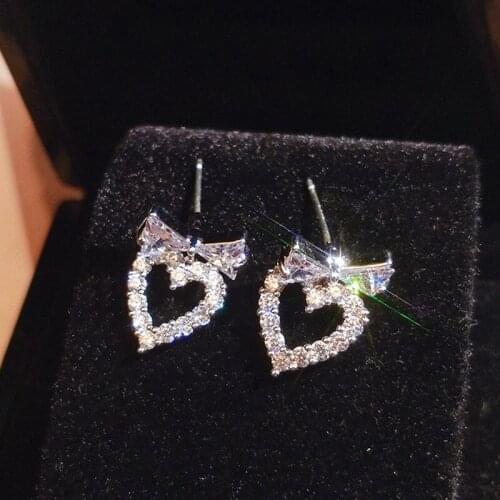 Huitan Korean Fashion Bowknot Women Earrings with Heart Dangle Dazzling Cubic Zirconia Party Daily Wear Girl Earrings Fancy Gift
