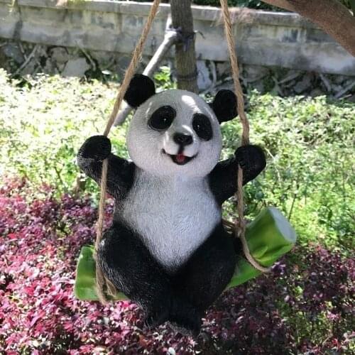 Cute Panda Statues for Home Outdoor Garden Decoration Black and White Panda Swing on Bamboo Creative Statue Miniature