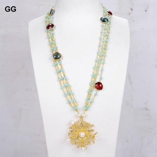 GuaiGuai Jewelry Pearl Yellow Gold Color Plated Flower Pendant Hot Fashion Multi Layer Crystal Statement Necklaces For Women