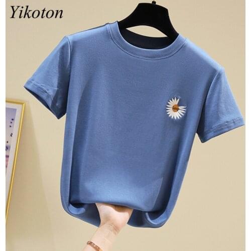 Cotton T Shirts Summer Harajuku Female 2021 Women Tops Tee Shirts Slim Basic Embroidered TShirt Ladies Short Sleeve Under shirt