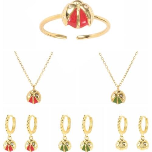 Aide 2021 Trend Jewelry Set 925 Sterling Silver Red Apple Ladybug Charm Long Chain Choker Necklace Women Wedding Gift Aretes