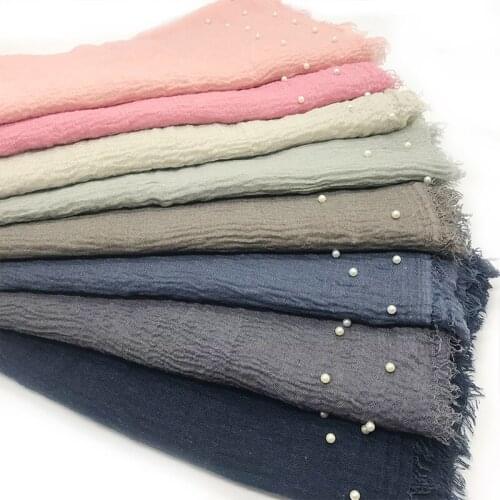 1PCS High quality tassels pearls solid bubble shawls pleat headband hijab Muslim bandana wraps scarve 55 colors