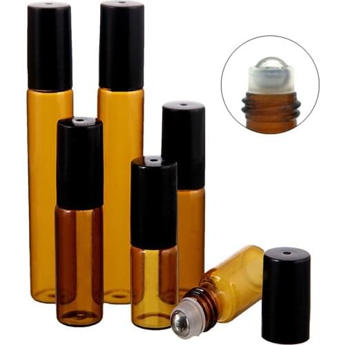5Pcs 1ml 2ml 3ml 5ml 10ml Amber Glass Roll on Bottle With Metal Ball Thin Glass Roller Essential Oil Vials