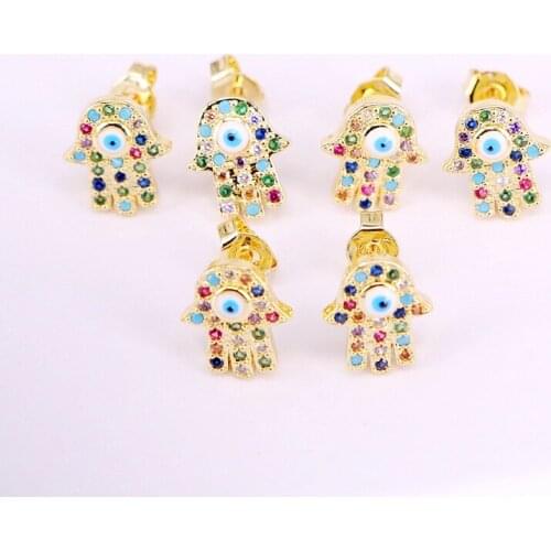 6Pairs, Rainbow Hamsa hand Gold Fashion Tiny CZ Earrings Colorful Jewelry Studs