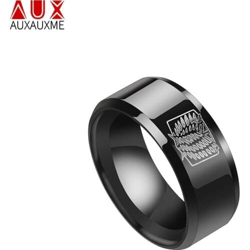 Auxauxme 8MM Stainless Steel Attack On Titan Signet Ring Cool Men Giant Legion Flag Band Rings Anime Fans Party Gift Anillos