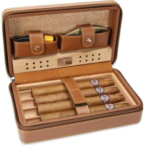 COHIBA Portable Travel Cigar Case Leather Cigar Humidor Cedar Wood Cigar Box 4 CTS