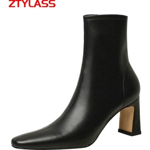 Spring Autumn Leather Women Boots Fashion Square Toe High Heel Ankle Boots Zipper Boots Shoes Black Beige Brown
