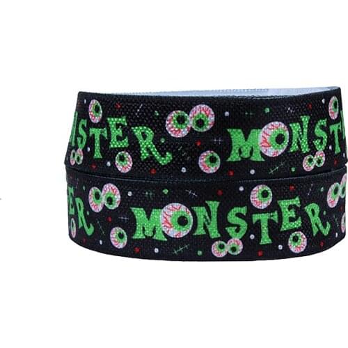 FLRA FOE(50 yards/lot) Factory supply monster printed black foe ribbon, 5/8" cheap Halloween fold over elastic for hair ties