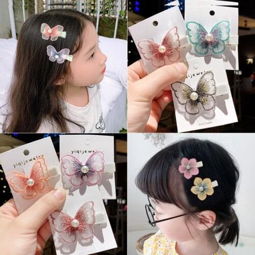 Ms 2021 new pretty butterfly net yarn pearl ornament baby card broken hair clip hairpin headdress flower children