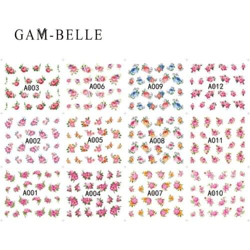 GAM-BELLE 12 Sheets Mixed Flower Nail Stickers Decals Pink Blue Nail Art Decoration Water Transfer Stickers Beauty Accessories