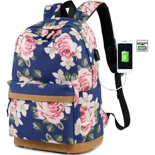 Canvas Women Floral Backpack USB charging School Bags For Girls Travel Bagpack
