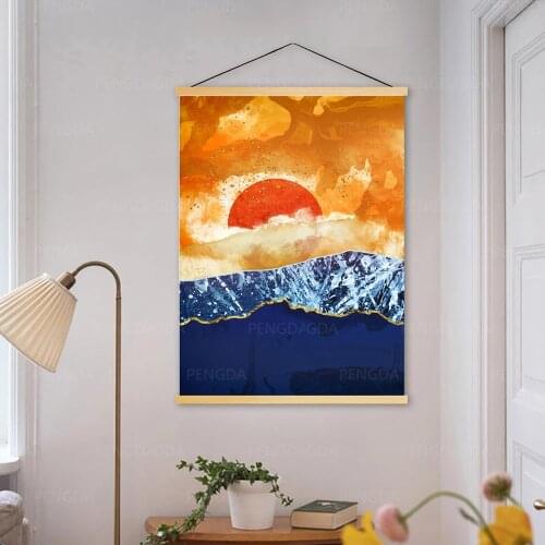 Canvas Home Decoration Moon Mountain Poster Nordic Pictures Print Wall Artwork Wooden Scroll Hanging Painting Bedside Background