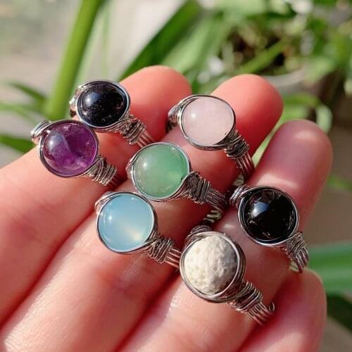 Natural Stone Wire Wrapped Crystal Rings Healing Purple Amethysts Agates Pink Quartz Fashion Women Rings Party Wedding Jewelry