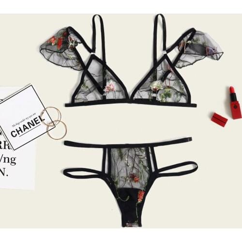 Transparent Lace Lingerie Set Women Flower Embroidery Hollow G-string Bras Sleepwear Women Sexy Hot Exotic Set Lengerie Femenina