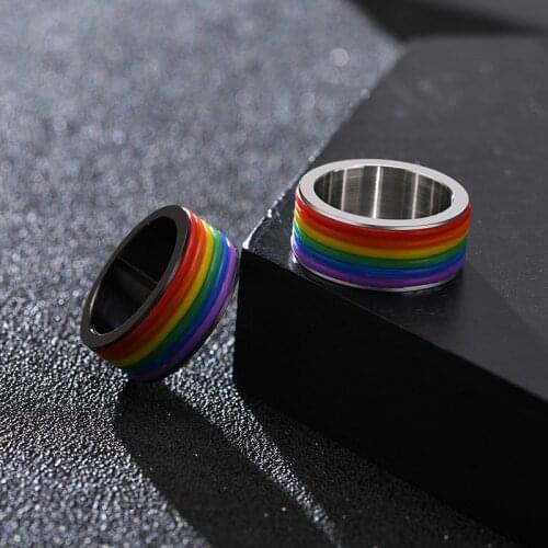 Modyle New Fashion 9MM Black Silver Color Stainless Steel LGBT Pride Rings for Women Men Silicone Rainbow Wedding Jewelry Gifts