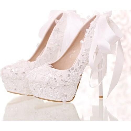 2021 spring new white lace bridal dress shoes round head bow super high heel womens single shoes shallow mouth wedding shoes