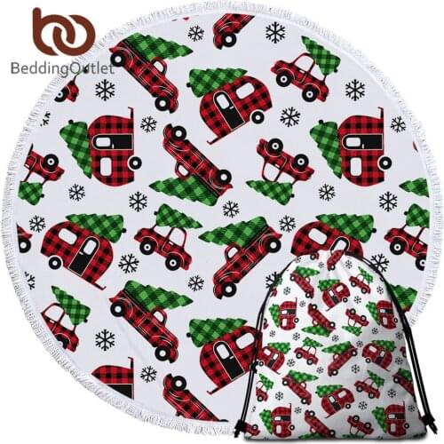 BeddingOutlet Christmas Round Towel Red Checkered Towels Bathroom Snowflake Trees Beach Towel Cartoon Cars Playa Toalla 150cm