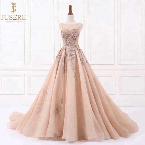Luxury Jusere Champagne A-Line Appliqued Beaded evening dress sleeveless Prom Dresses Evening Party Gown