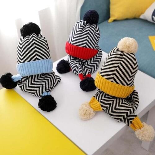Doitbest 1 to 5 Years old kids Beanie striped kid boys Knit hats set winter 2 pcs fur baby girls winter hat scarf