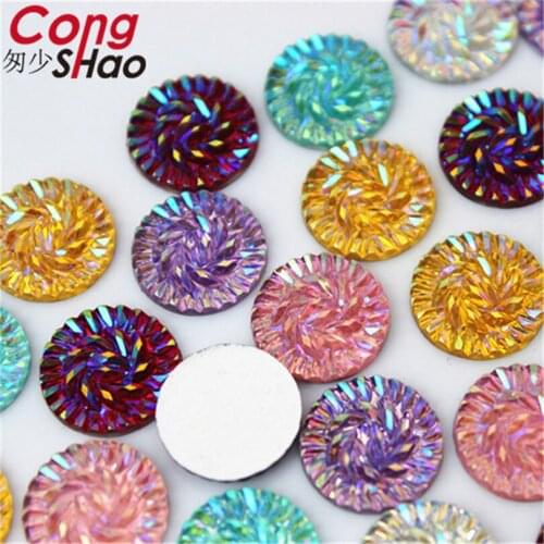Cong Shao 200PCS 14mm AB Colorful Round Stones And Crystals Flowers Flatback Resin Rhinestone Applique Costume Button trim CS268