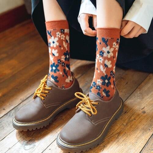 Japanese Korea High School Girls High Socks Flowers Keep warm Loose Solid Colors Double Needles Knitting Cotton Long Socks Women