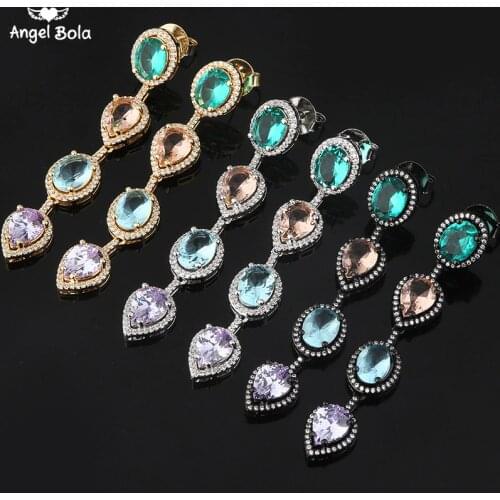 High Quality Blue Green CZ Crystal Dubai Gold Fashion Bohemian Long Tear Drop Bridal Wedding Dangle Earring for Women