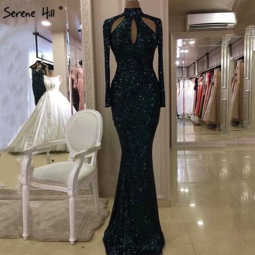 New Designer Green High Neck Sexy Evening Dresses 2020 Sequined Long Sleeves Fashion Luxury Evening Gowns DLA6314