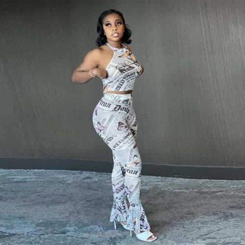 Butterfly Newspaper Letter Print Backless Slim Fit Crop Top and Bell Bottom Trouser Streetwear Women Bodycon Two Piece Outfits