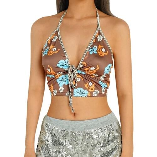 Women Sexy Deep V-neck Vest, Brown Floral Printed Pattern Sleeveless Crop Tops, S/ M/ L