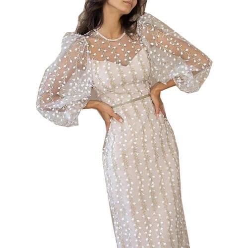 STYLISH LADY Mesh Embroidery Elegant Dress 2021 Autumn Women Long Sleeve O Neck See Through Club Party Office Lady Midi Dress