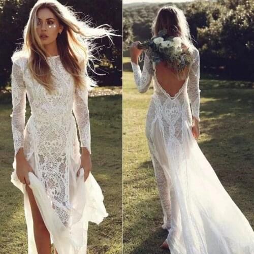 Elegant O-Neck Bohemian Beach Boho Lace Long Sleeve Backless Wedding Dress Bride Gown Vestidos De Novia