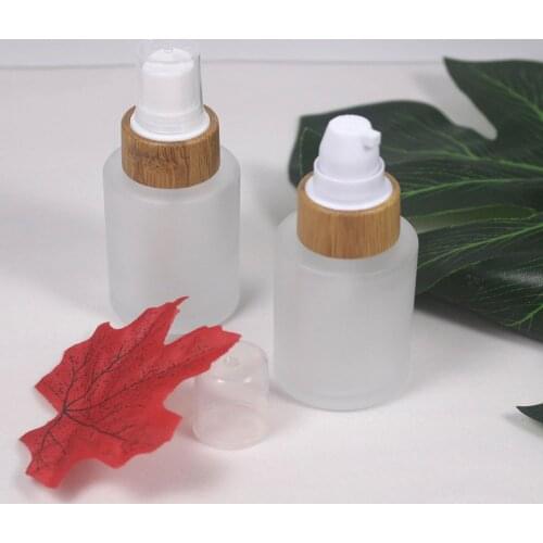 30ml Transparent Frosted Glass Spray Bottle Cosmetic Wood Grain Bamboo Cover Lotion Pump Packaging Container