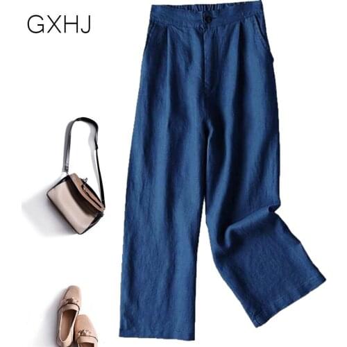 7 color Summer 2021 Women Casual Linen Wide Leg Pant Ankle-length Loose Vintage Elastic Waist Aesthetic Style Pantalon Femme