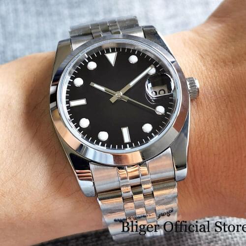 BLIGER Sterile Business Steel 36mm Men Watch Automatic NH35A Movement Polished Case Jubilee/Oyster Strap Solid Back