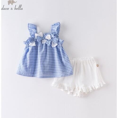 DBM14049 dave bella summer baby girls fashion bow plaid ruched clothing sets kids cute sleeveless sets children 2 pcs suit