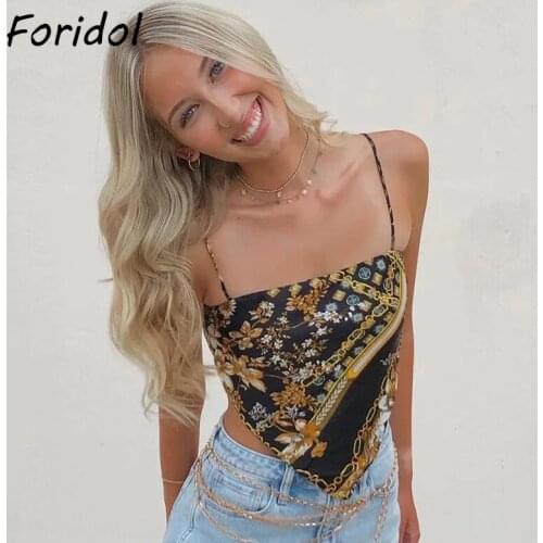 Foridol Chain Print Satin Camis Tops Sexy Backless Bowknot Black Flora Print Boho Summer Vintage Top Womens Clothing 2021