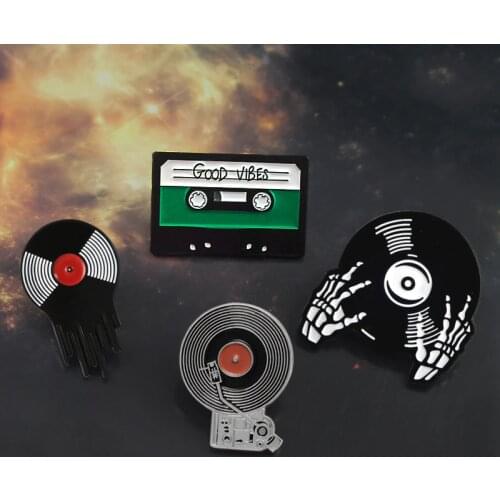Gramophone Vinyl Record Tape DJ Brooch Retro Music Player CD Skeleton Hand GOOD VIBES Enamel Pin Leather Badge Music Lovers Gift