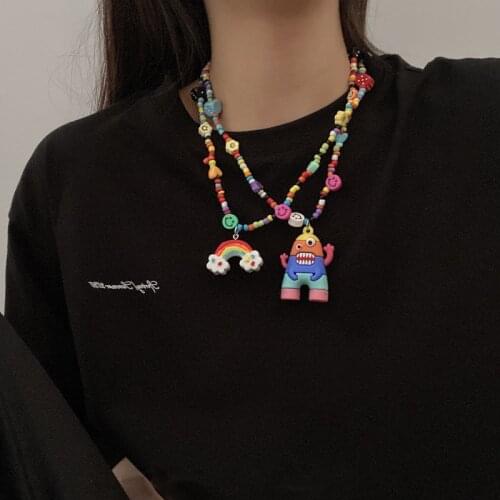 HUANZHI 2021 New Lovely Harajuku Colour Bead Dice Rainbow Smiley Mushroom Pendant Necklace for Women Girls Party Accessories