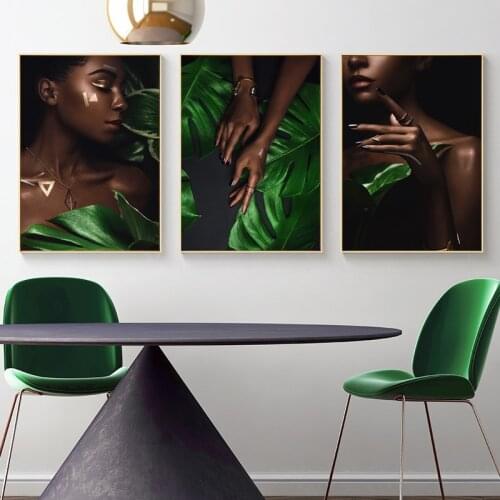 Canvas Painting Print Nordic Wall Art Picture Living Room Decor Tropical Green Leaves Woman Model Ornaments Abstract Art Poster