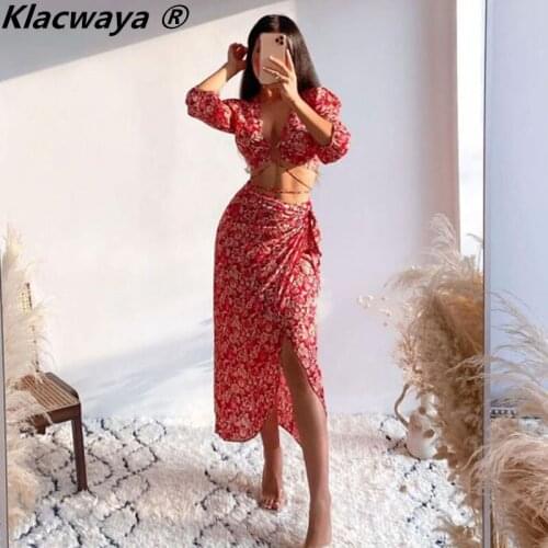 Klacwaya Women Fashion With Ties Floral Print Cropped Blouses Female Vintage Totem Side Bow Tied Split Sarong Midi Skirt Suits