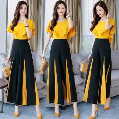Suit Female Chiffon 2 Piece Woman Set Fuffles Solid Tops & Patchwork Wide Leg Pants Sweet Style for Office Lady 2021 New