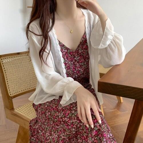Summer New 2021 Thin Women Blouse Chiffon Lantern Sleeved Ruffles Loose Lady Elegant Outwear Coat Tops