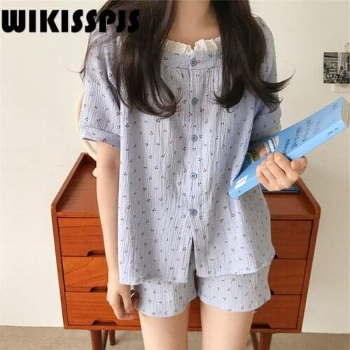 2021 Summer New Pure Cotton Cherry Print Lace Edge Comfortable Short Sleeve Shorts Loose Home Clothes Loungewear Sleep Tops