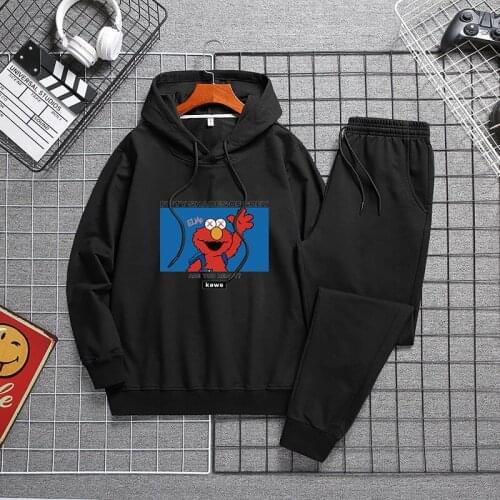 Mens autumn cartoon printing hoodies pants 2piece set gym joggers sweatsuits casual outdoor sports running tracksuits sweatpants